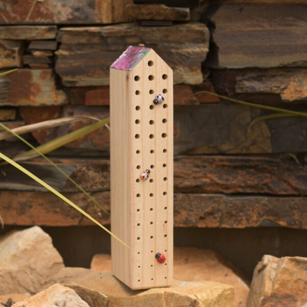 Tutus Loco Bee Hotels in single medium size on stones in garden.