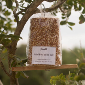 Wild-bird seed bell from JessB with metal hook and wooden perch.