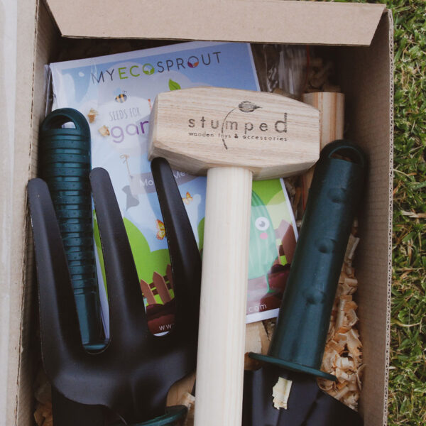 Stumped Little Gardener's Box with the gardening tool and hammer included.