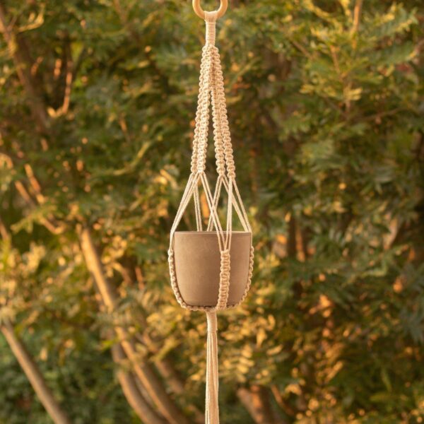 The Indie Macrame plant hanger product photo with tree in the background.