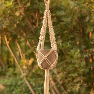 The Louisa Macrame Plant Hanger featured in a garden.